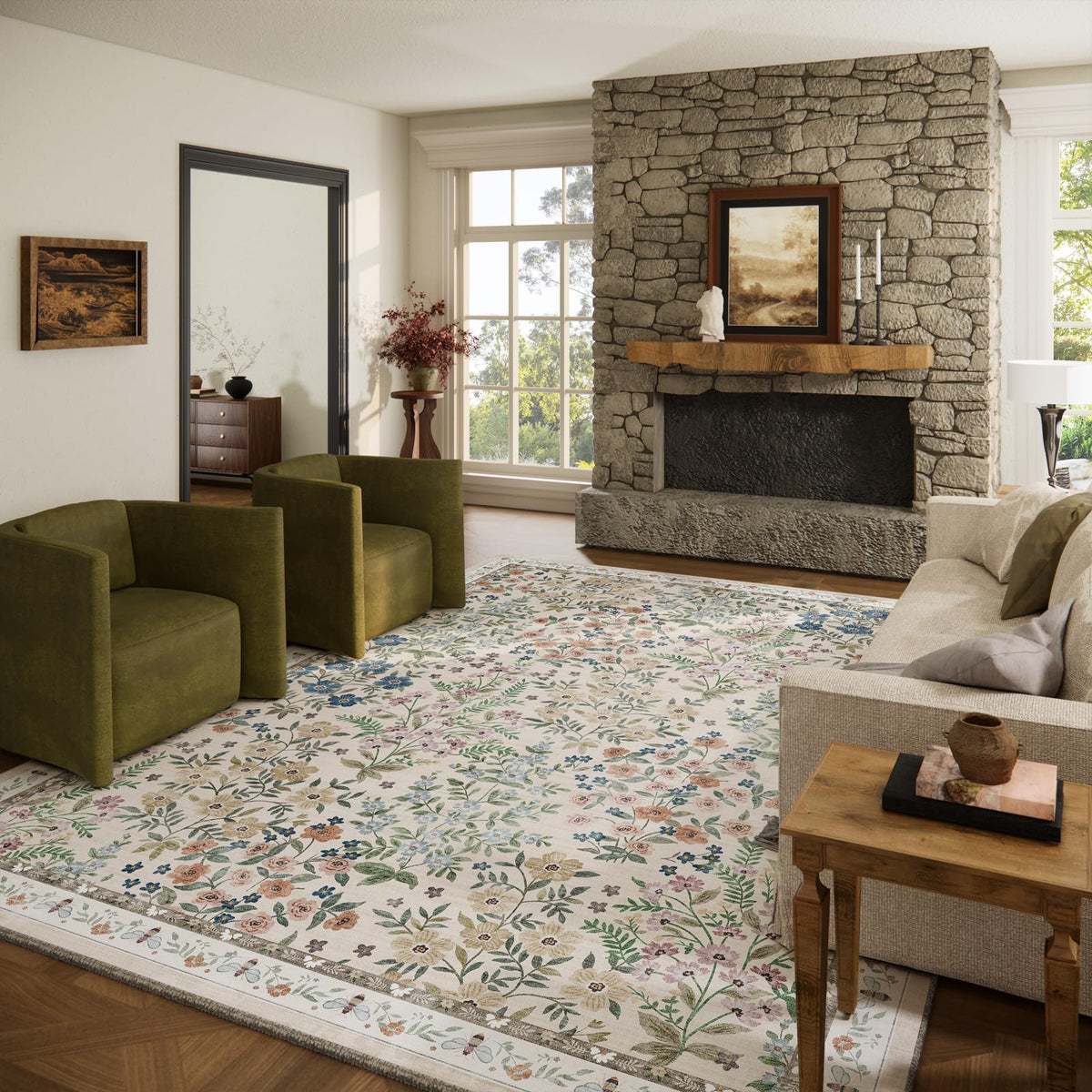 Washable Area Rugs for Living Room: 9x12 Area Rug for Bedroom Vintage Stain Resistant Non Slip Low Pile Lightweight Soft Carpet for Kitchen Dining Room Farmhouse Kids Room Nursery