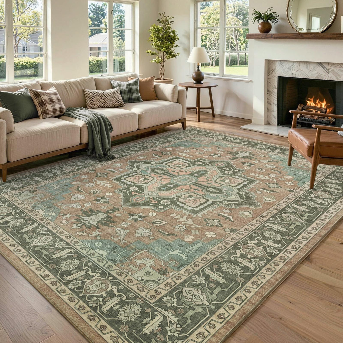 6x9 Ft Large Area Rugs for Living Room, Soft Non-Slip Machine Washable Rug, Vintage Stain Resistant Carpets for Bedroom Nursery Dining Room Home Decor (Beige)