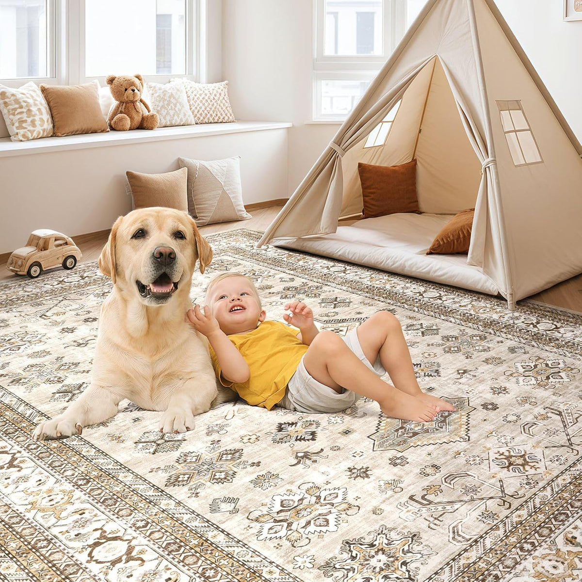 cotiled 5x7 Area Rug for Living Room, Washable, Traditional, Beige