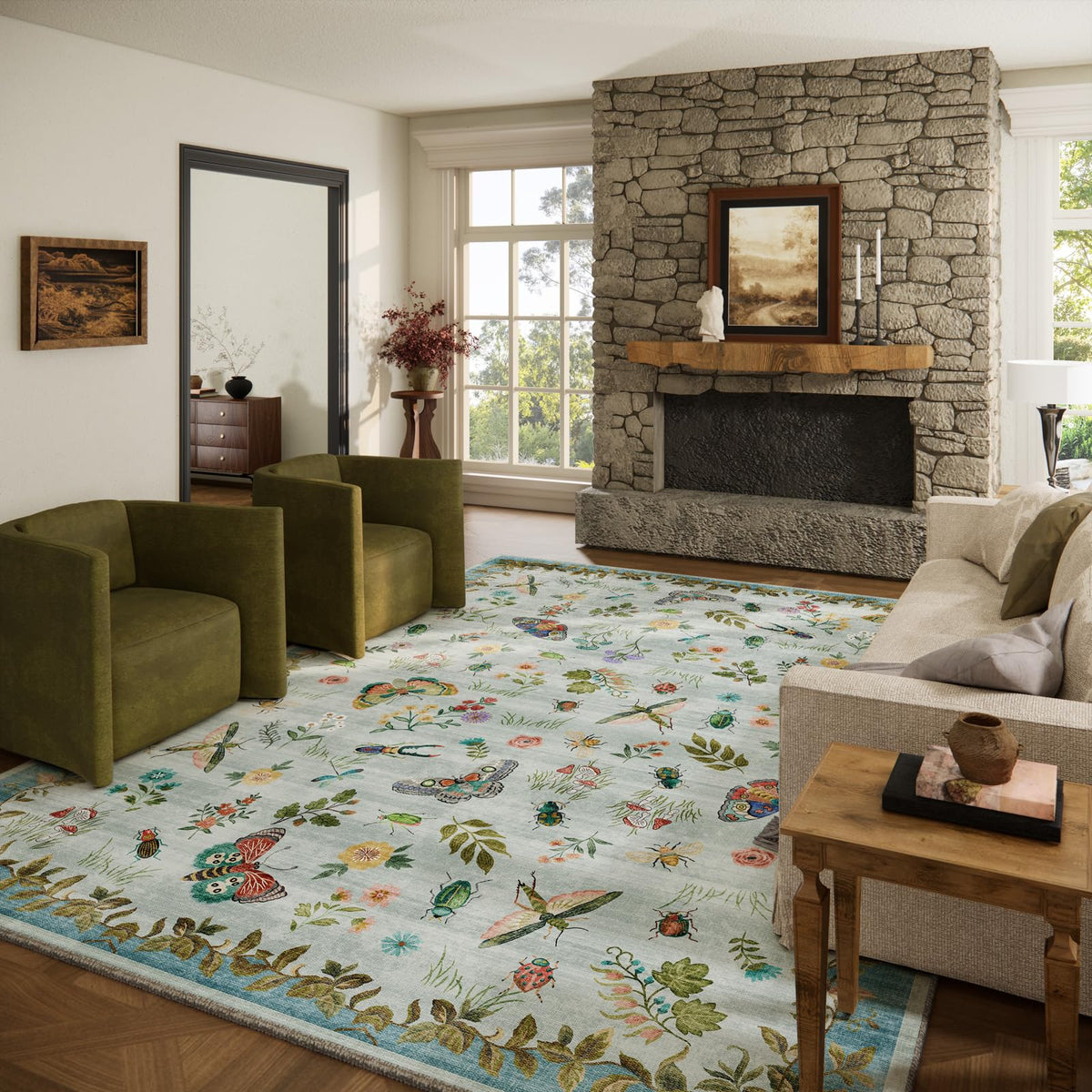 Washable Area Rugs for Living Room: 9x12 Area Rug for Bedroom Vintage Stain Resistant Non Slip Low Pile Lightweight Soft Carpet for Kitchen Dining Room Farmhouse Kids Room Nursery