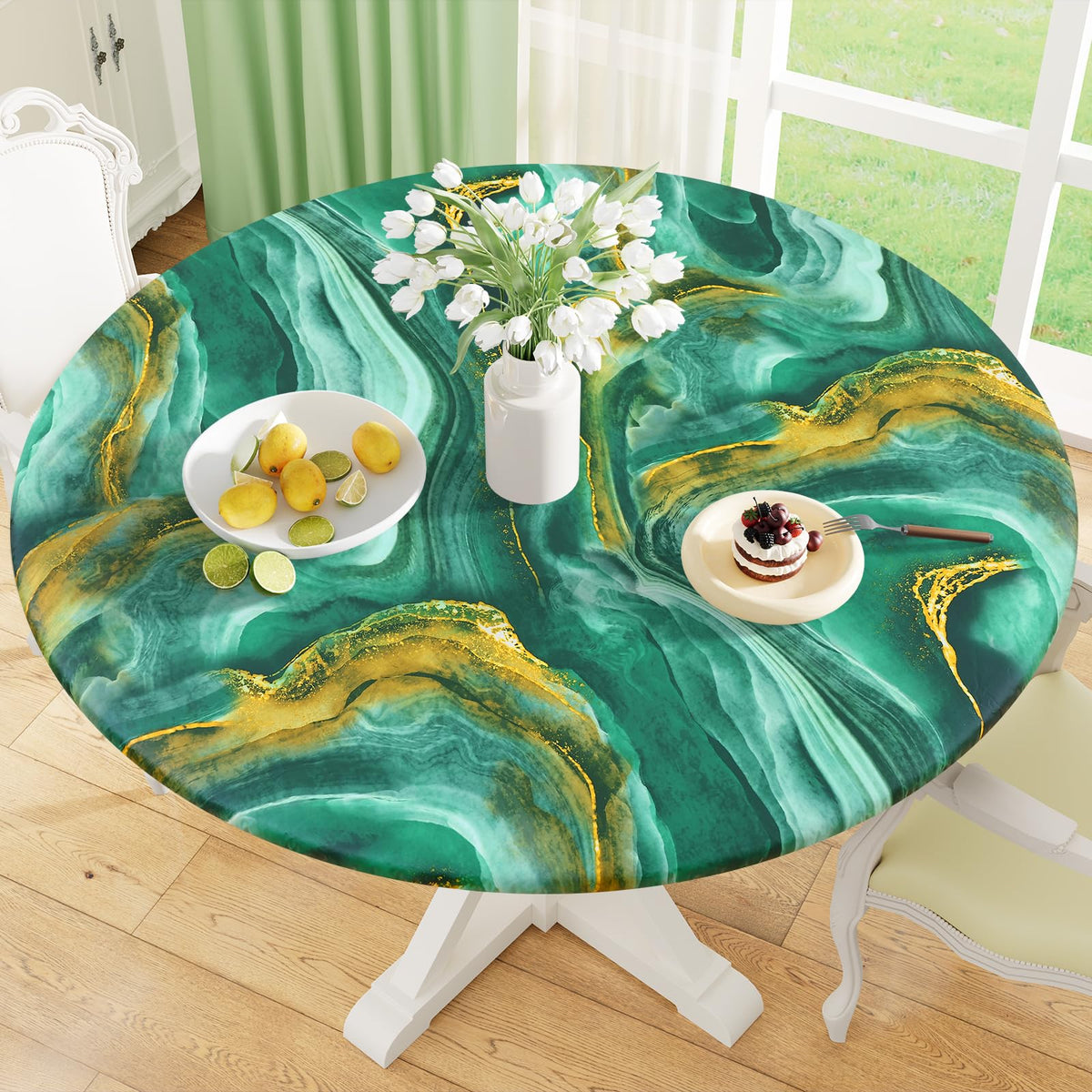 misaya Round Fitted Tablecloth with Elastic Edge, 100% Waterproof Oil Proof Plastic Table Cover, Vinyl Flannel Backed Tablecloth Fits 36"-44" Round Tables for Dinner, Outdoor, Picnic, Flowers
