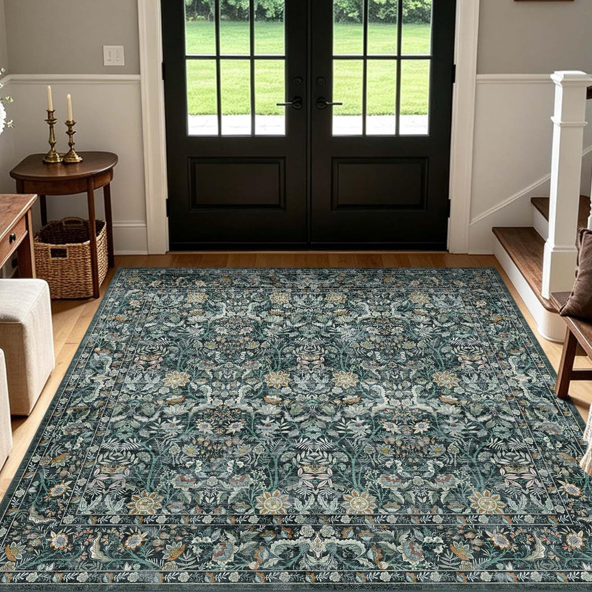 Vintage Botanical Area Rug 8x10: Floral Carpet Non-Slip - Dark Green