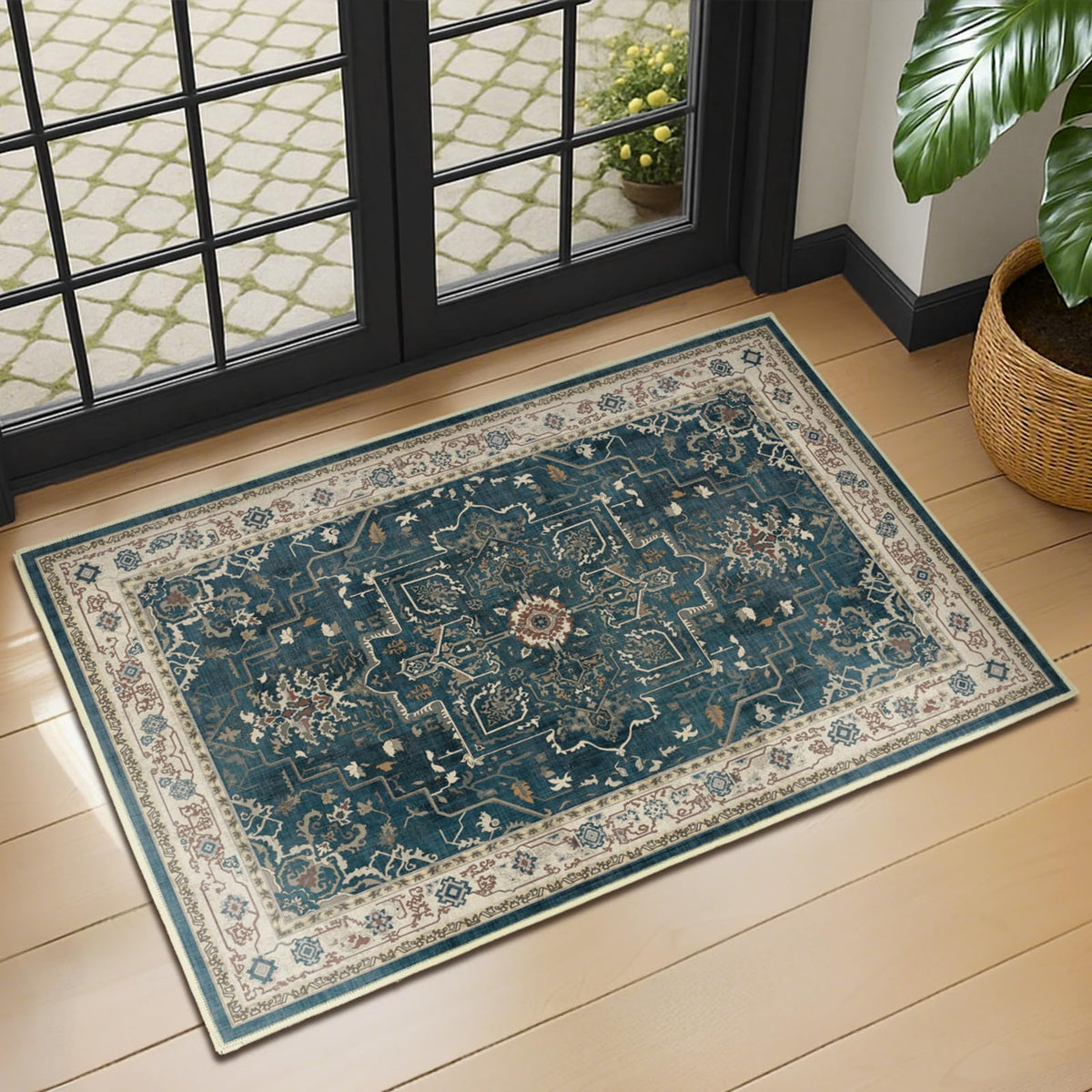 Vintage Dark Green Area Rugs 5x7 for Living Room, Tranditional Distressed Medallion Printed Low Pile Thin Rugs for Bedroom, Non Slip Washable Carpet Rugs for Dining Room/Kitchen/Home Office