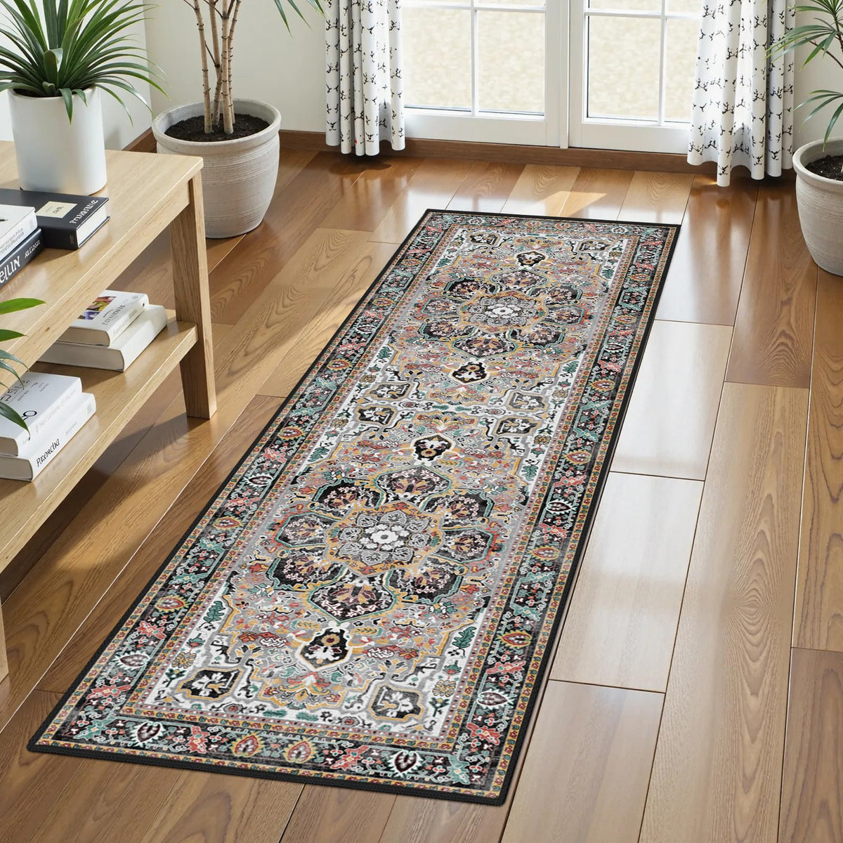 Washable Area Rug 5' x 7' Vintage Traditional Persian Mat - Foldable Distressed Non-Slip Machine Washable Carpet for Living Room Bedroom Kitchen Home Decor - Graphite and Mist