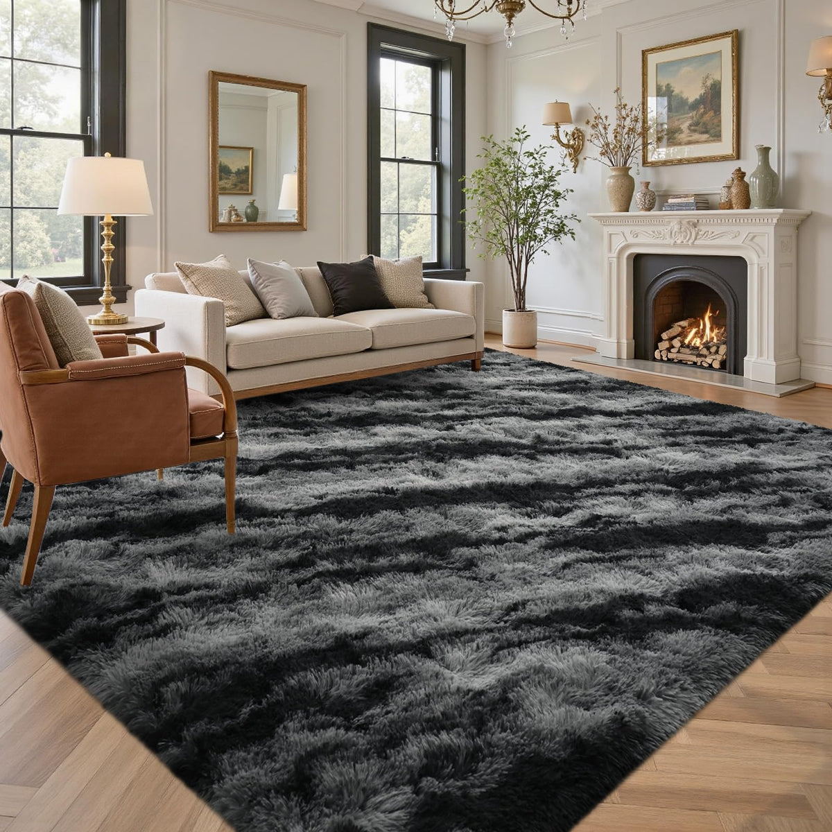 5x7 Black Area Rugs for Living Room, Large Fluffy Shag Bedroom Rugs Non-Slip, Ultra Soft Plush Carpet for Nursery Kids PlayRoom Dorm Office Indoor Modern Carpets