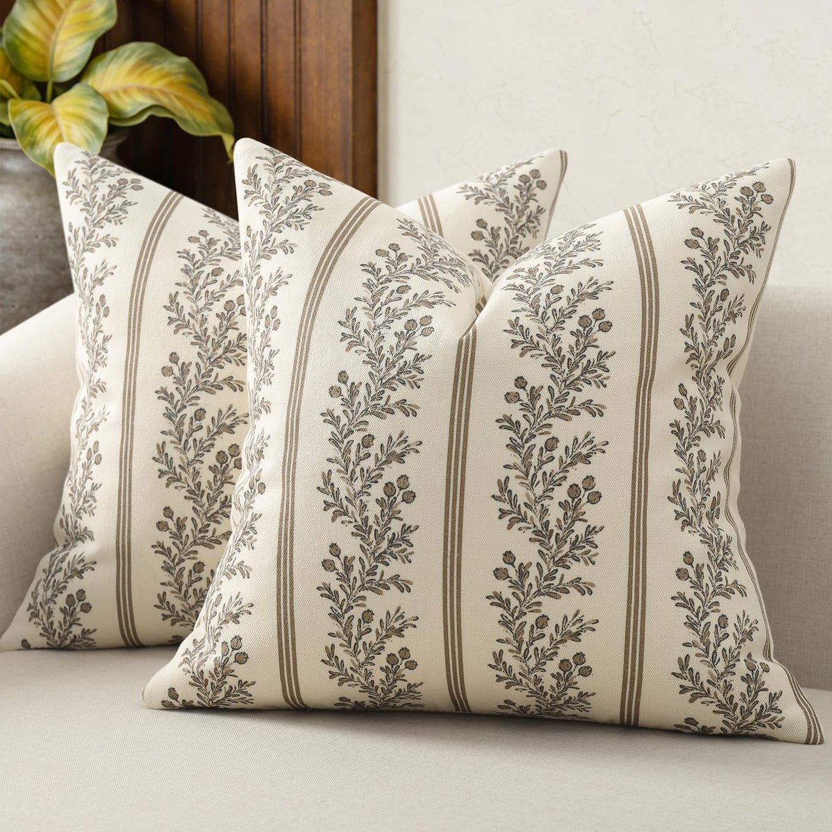 Vintage Throw Pillow Covers 18x18 Set of 2, Striped Floral Pillow Cover Botanical Patterned Decorative Cushion Covers Modern Farmhouse Home Decor for Sofa Couch Bed Living Room, Light Blue