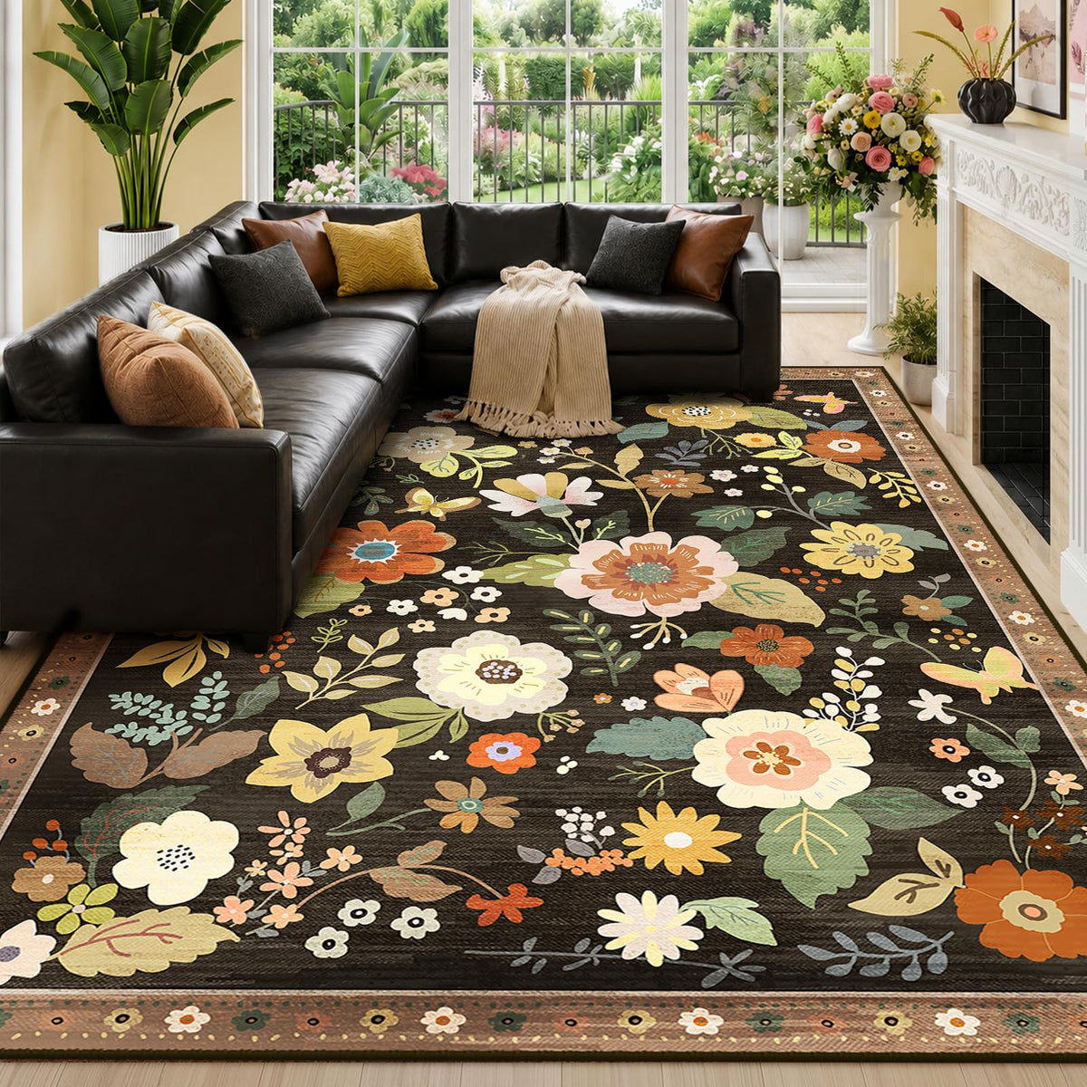 RELEANY Floral Washable 5x7 Area Rugs Black