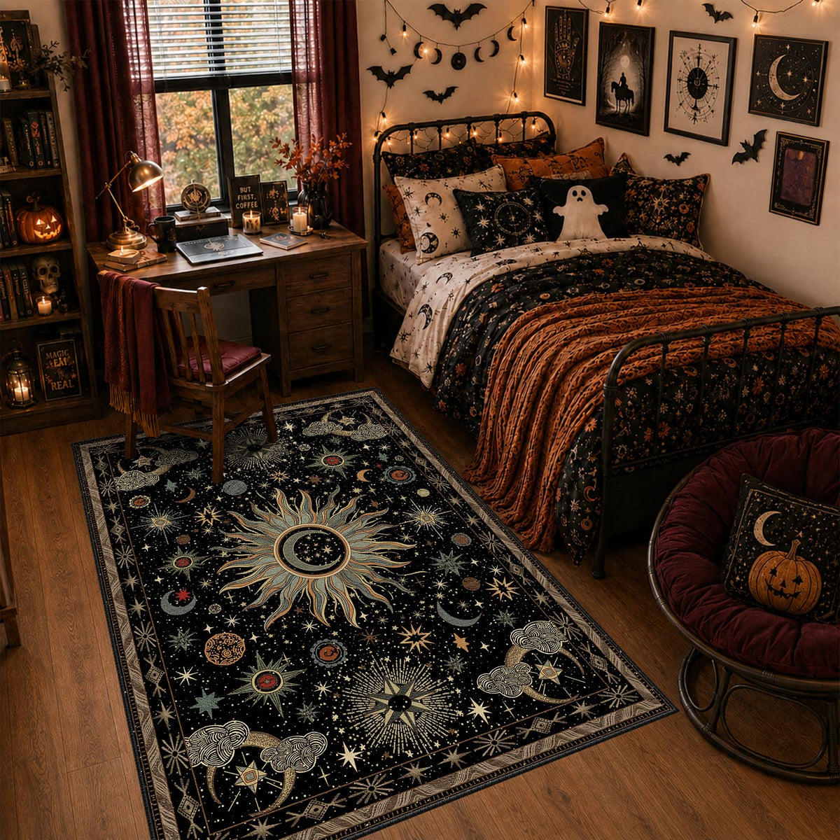 Vacuum-Friendly, 5x7 Washable Area Rug, Black Gold Beige Red