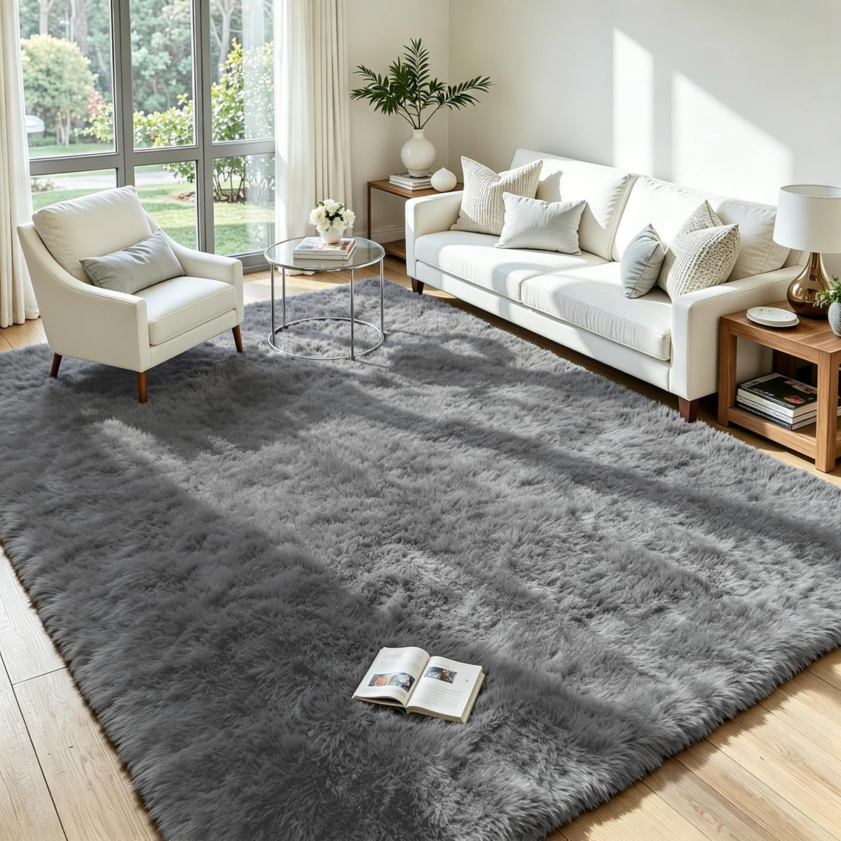 8x10 Fluffy Area Rug for Living Room: Soft Non-Slip Black Bedroom Carpet