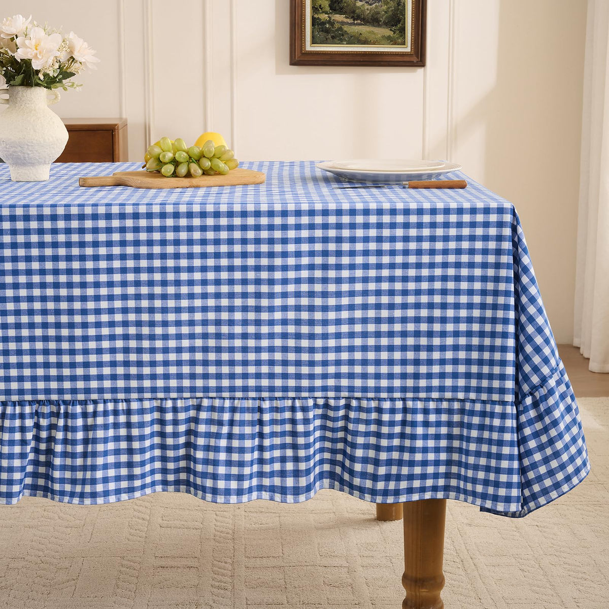 Romanstile Gingham Ruffled Tablecloth Rectangle, 60 x 84 Inch, Sage Green