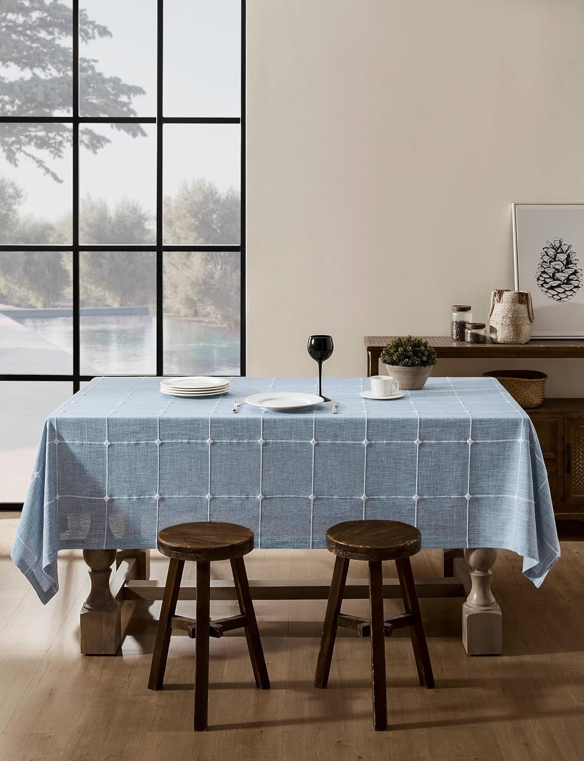 ZeeMart Grid Embroidered Rectangle Hemmed Tablecloths 60x120in, Blue