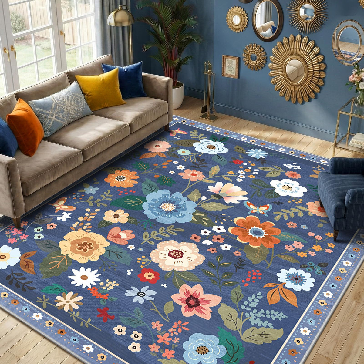 RELEANY Floral Washable 5x7 Area Rugs Black