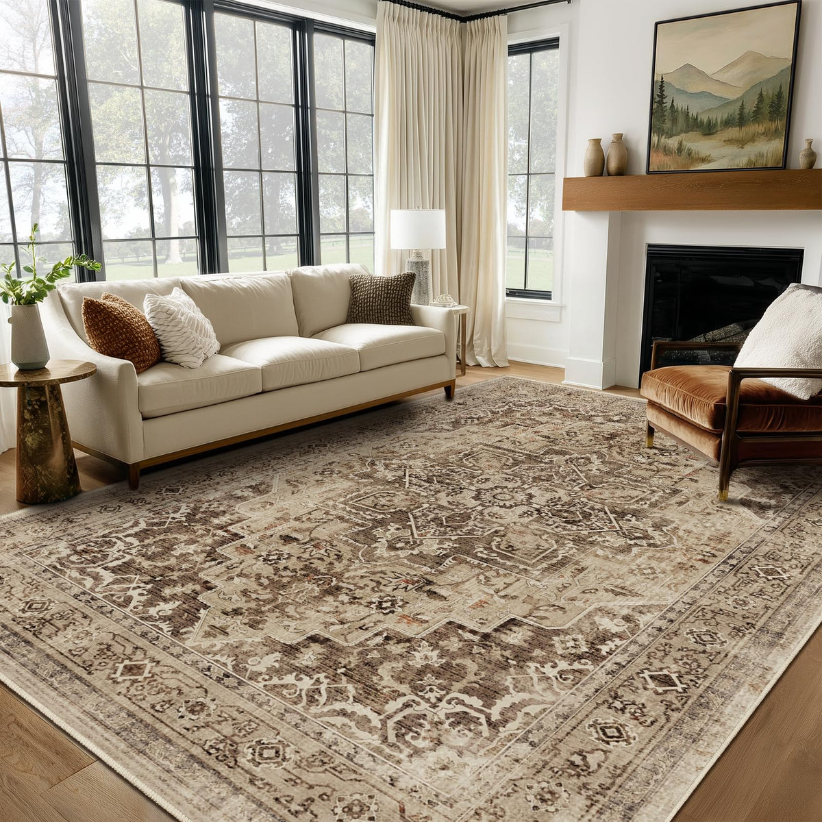 Vintage Dark Green Area Rugs 5x7 for Living Room, Tranditional Distressed Medallion Printed Low Pile Thin Rugs for Bedroom, Non Slip Washable Carpet Rugs for Dining Room/Kitchen/Home Office