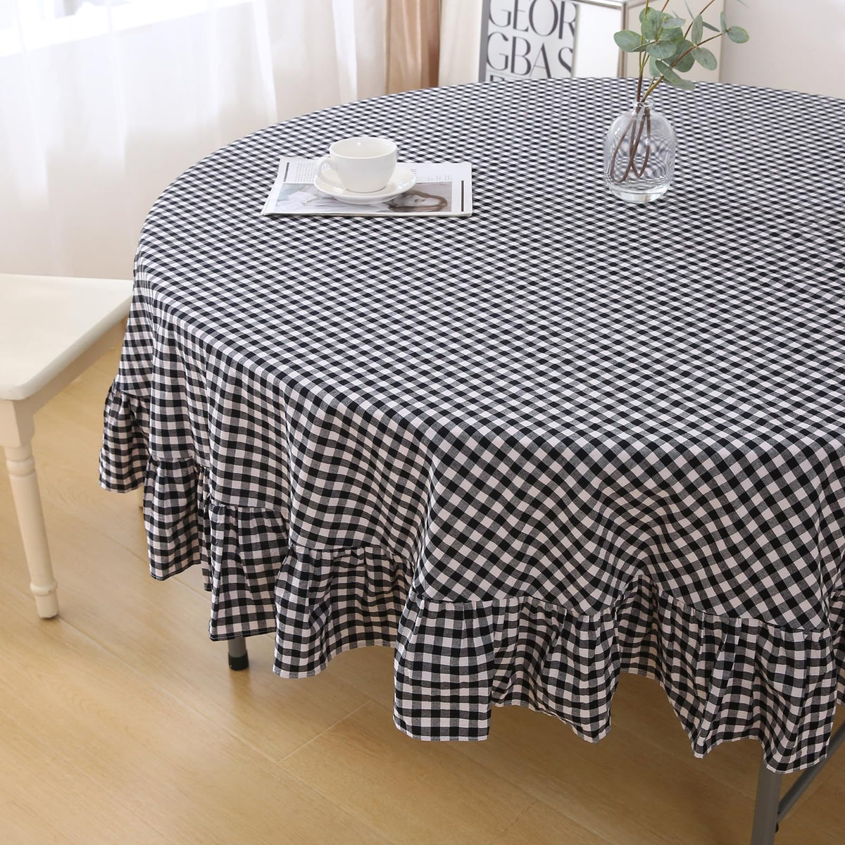 Blush White Gingham Ruffled Table Cloth Rectangular 120“x60”