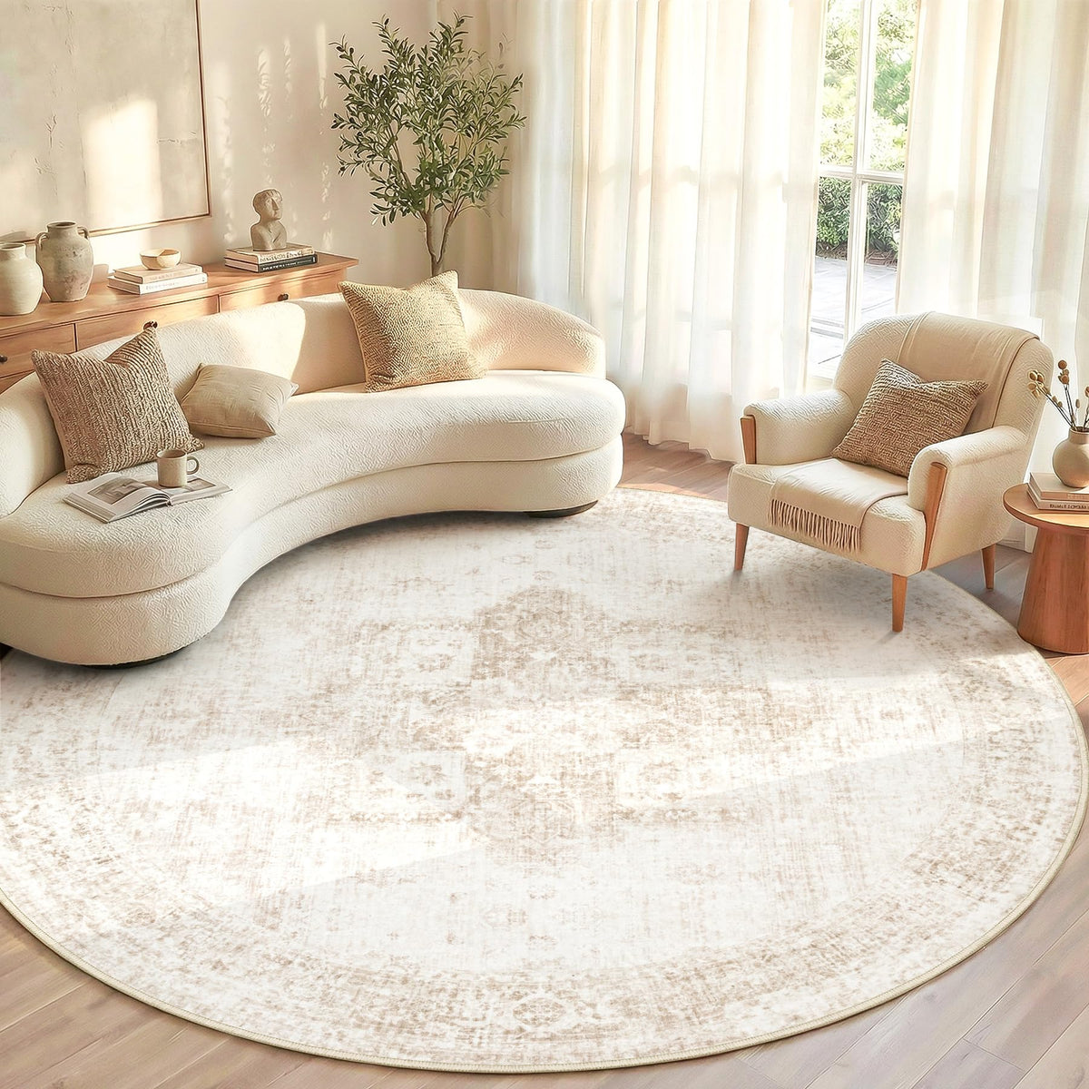 Area Rug 8x10 Washable Rug, Vintage Boho Medallion Rugs Non-Slip Soft Low Pile Large Distressed Rug Indoor Retro Carpet for Living Room Bedroom Dining Room Office Children's Room(Beige, 8'x10')