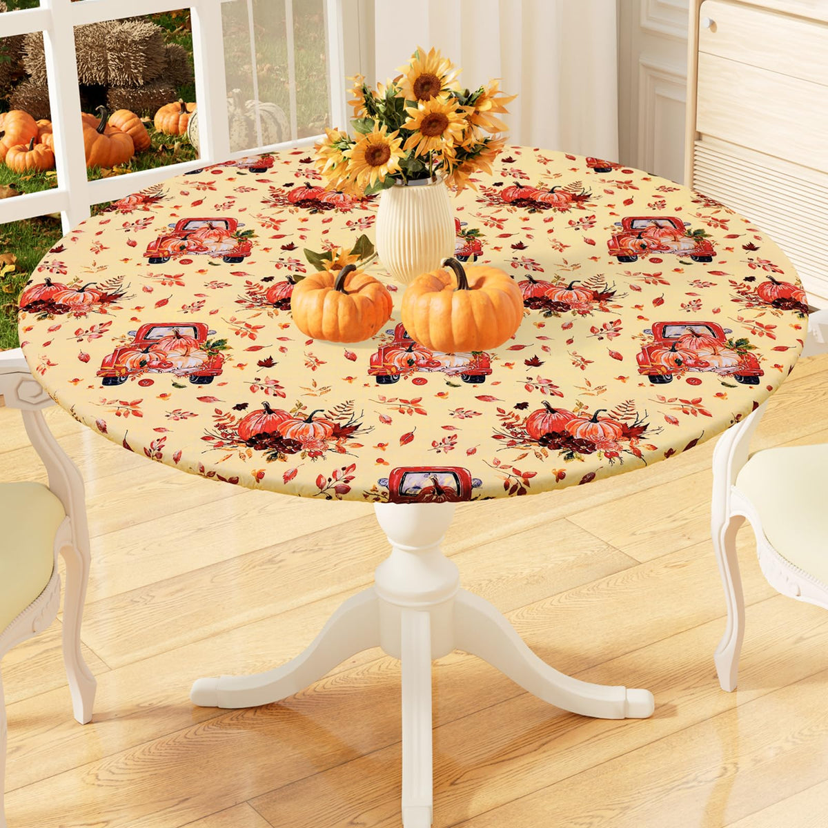 misaya Round Fitted Tablecloth with Elastic Edge, 100% Waterproof Oil Proof Plastic Table Cover, Vinyl Flannel Backed Tablecloth Fits 36"-44" Round Tables for Dinner, Outdoor, Picnic, Flowers