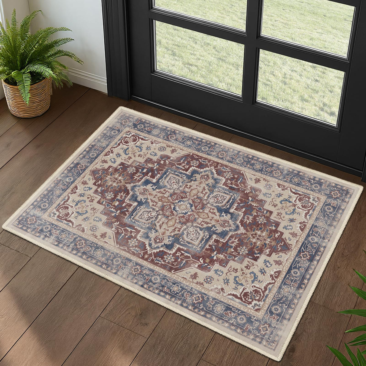 Vintage Dark Green Area Rugs 5x7 for Living Room, Tranditional Distressed Medallion Printed Low Pile Thin Rugs for Bedroom, Non Slip Washable Carpet Rugs for Dining Room/Kitchen/Home Office