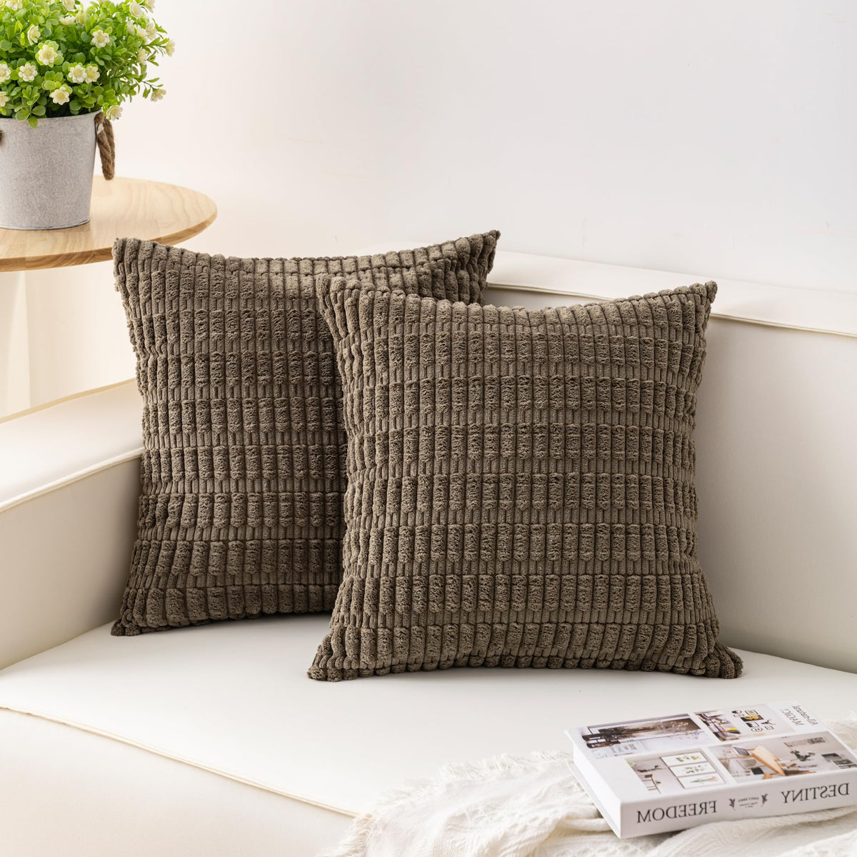Pack of 2 Corduroy Decorative Throw Pillow Covers 18x18 Inch, Cream White