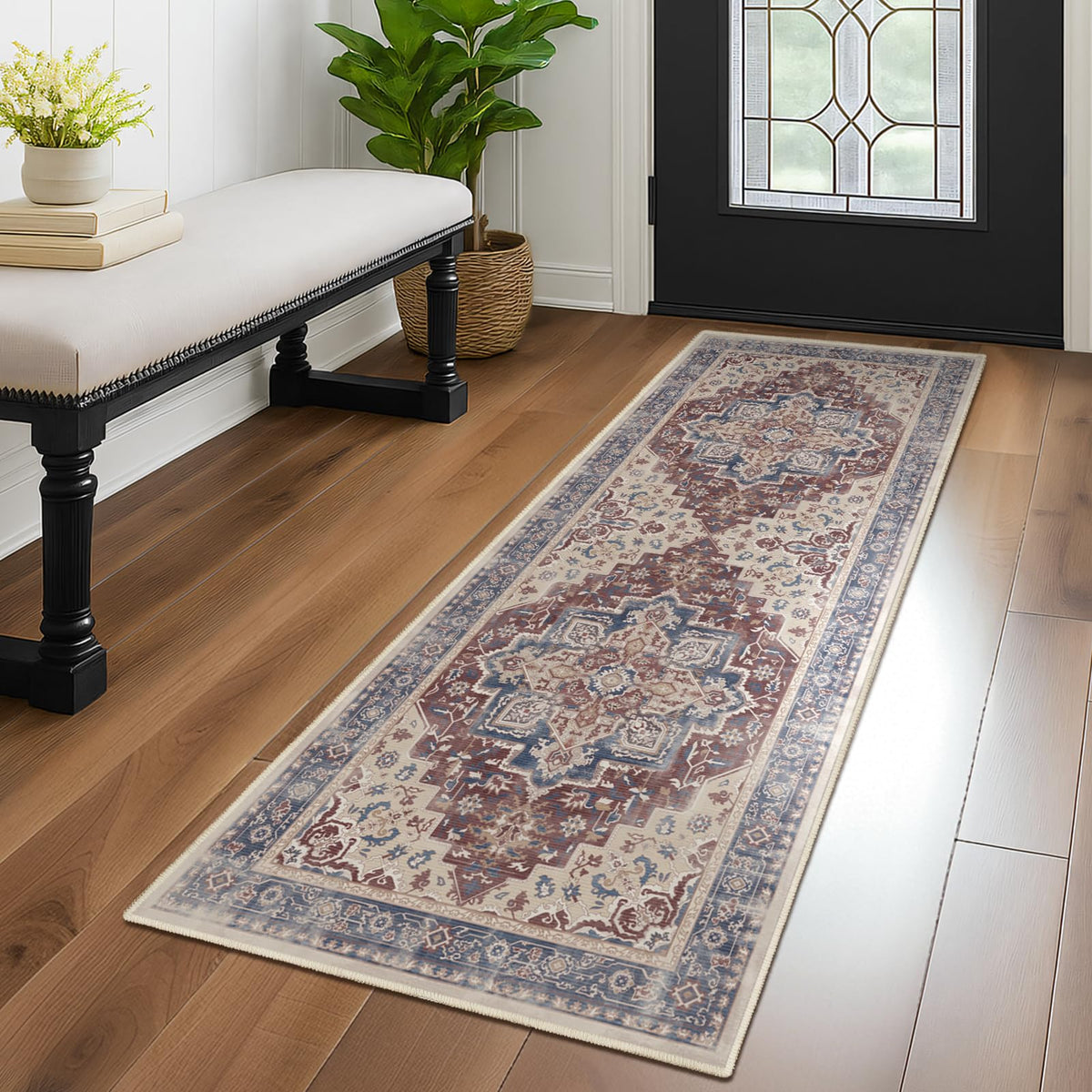 Vintage Dark Green Area Rugs 5x7 for Living Room, Tranditional Distressed Medallion Printed Low Pile Thin Rugs for Bedroom, Non Slip Washable Carpet Rugs for Dining Room/Kitchen/Home Office