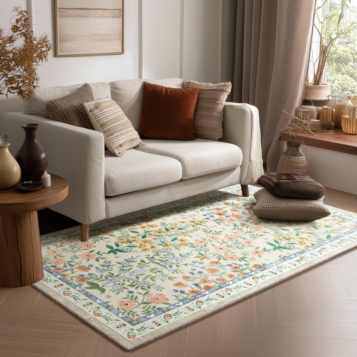 Washable Area Rugs for Living Room: 9x12 Area Rug for Bedroom Vintage Stain Resistant Non Slip Low Pile Lightweight Soft Carpet for Kitchen Dining Room Farmhouse Kids Room Nursery