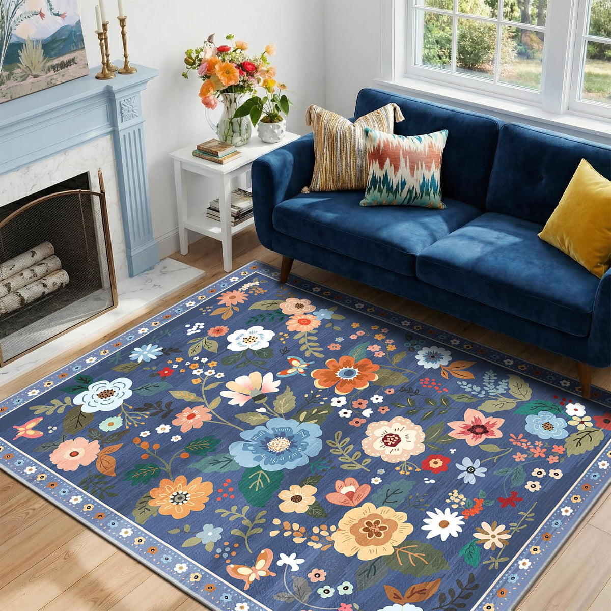 RELEANY Floral Washable 5x7 Area Rugs Black