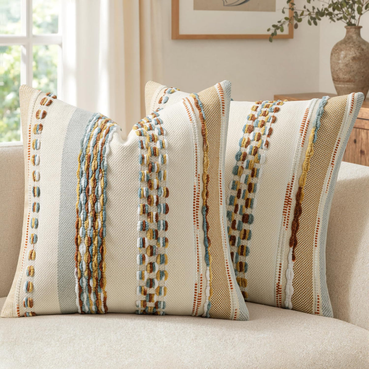ANRODUO Boho Decorative Pillow Covers Olive Green Stripe 18x18 Pack of 2