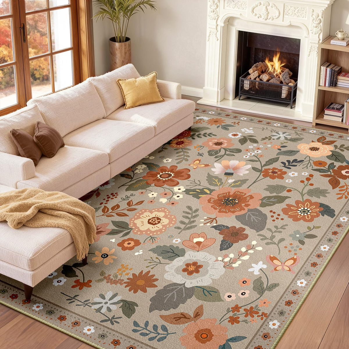RELEANY Floral Washable 5x7 Area Rugs Black