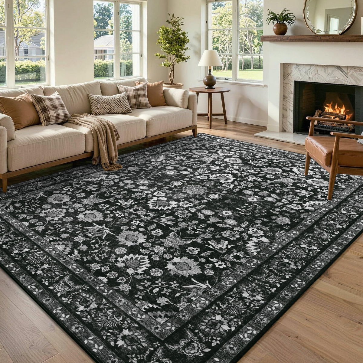 6x9 Ft Large Area Rugs for Living Room, Soft Non-Slip Machine Washable Rug, Vintage Stain Resistant Carpets for Bedroom Nursery Dining Room Home Decor (Beige)