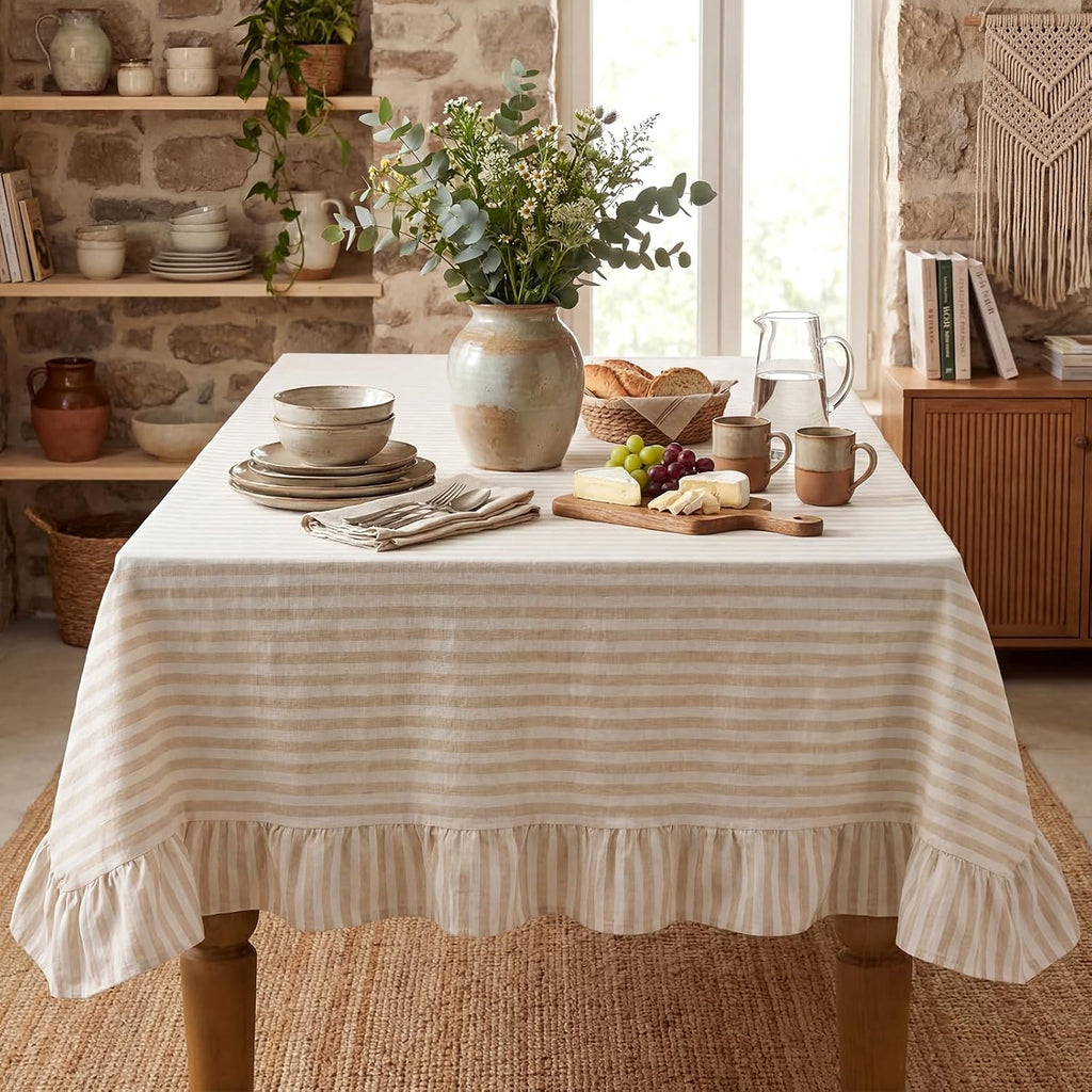 Boao Cotton Striped Tablecloth Rectangle 52" X 70" Beige White