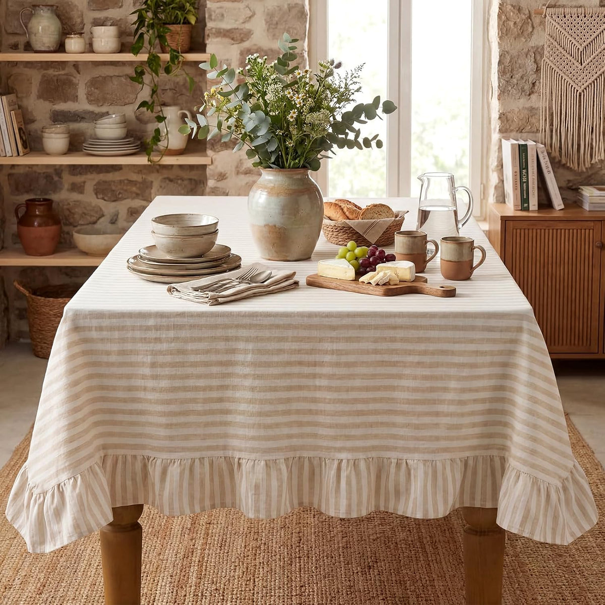 Boao Cotton Striped Tablecloth Rectangle 52" X 70" Beige White