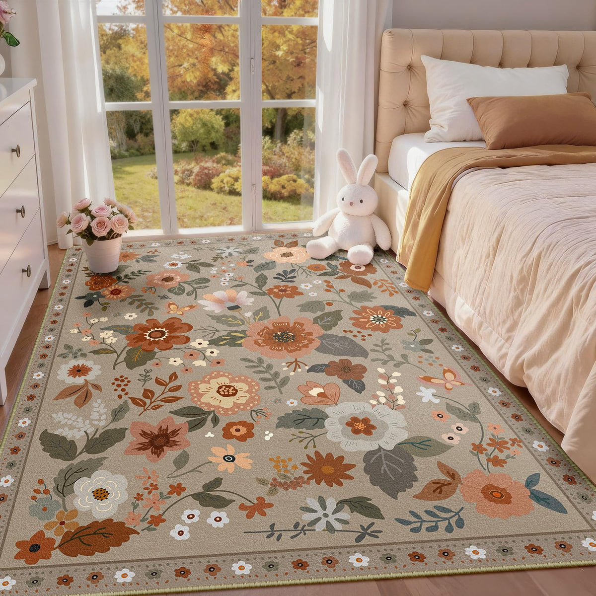 RELEANY Floral Washable 5x7 Area Rugs Black