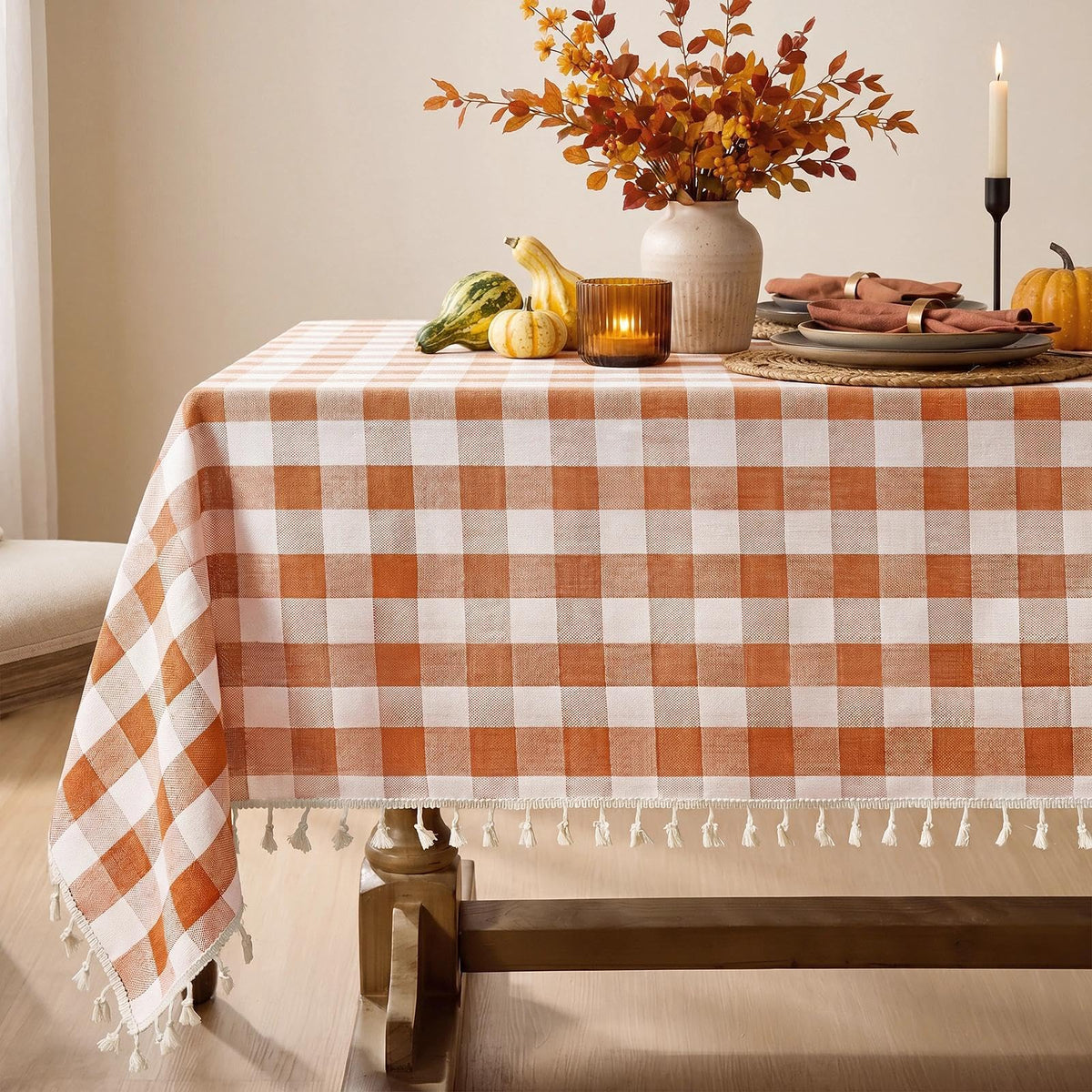 Softalker Gingham Rectangle Tablecloth with Tassel, Sage Green, 55" x 84"