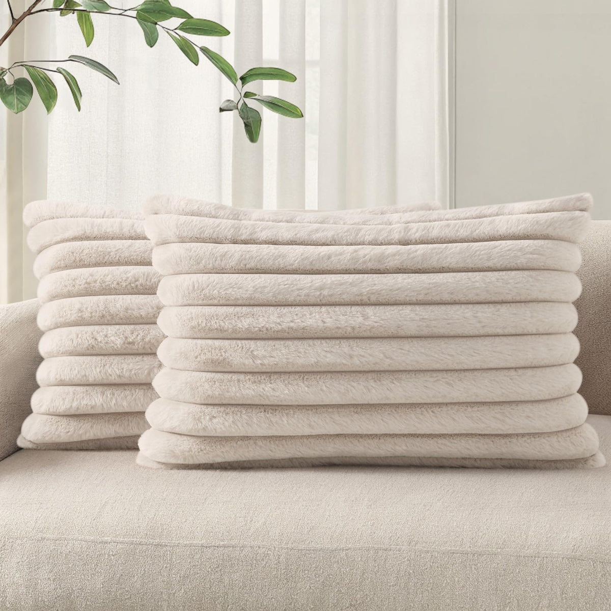 Pallene Faux Fur Decorative Throw Pillow Covers 18x18 Set of 2, Cream White