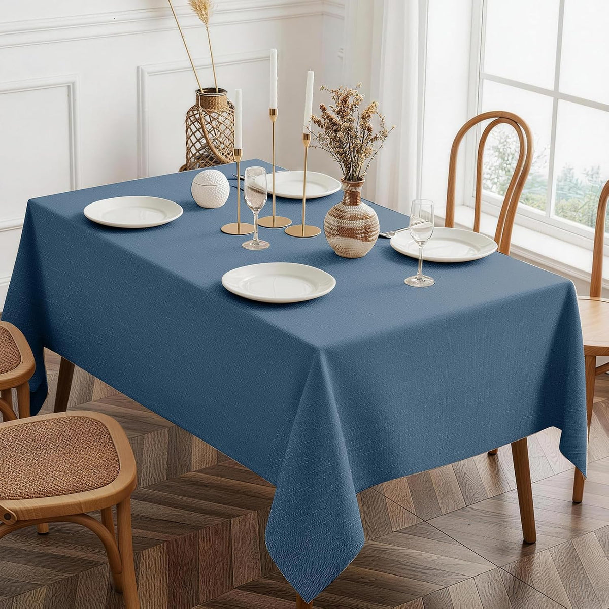 Heavy-Duty Faux Linen Tablecloth Rectangular 60 x 84in Navy Blue