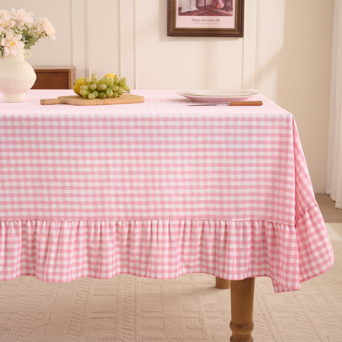 Romanstile Gingham Ruffled Tablecloth Rectangle, 60 x 84 Inch, Sage Green