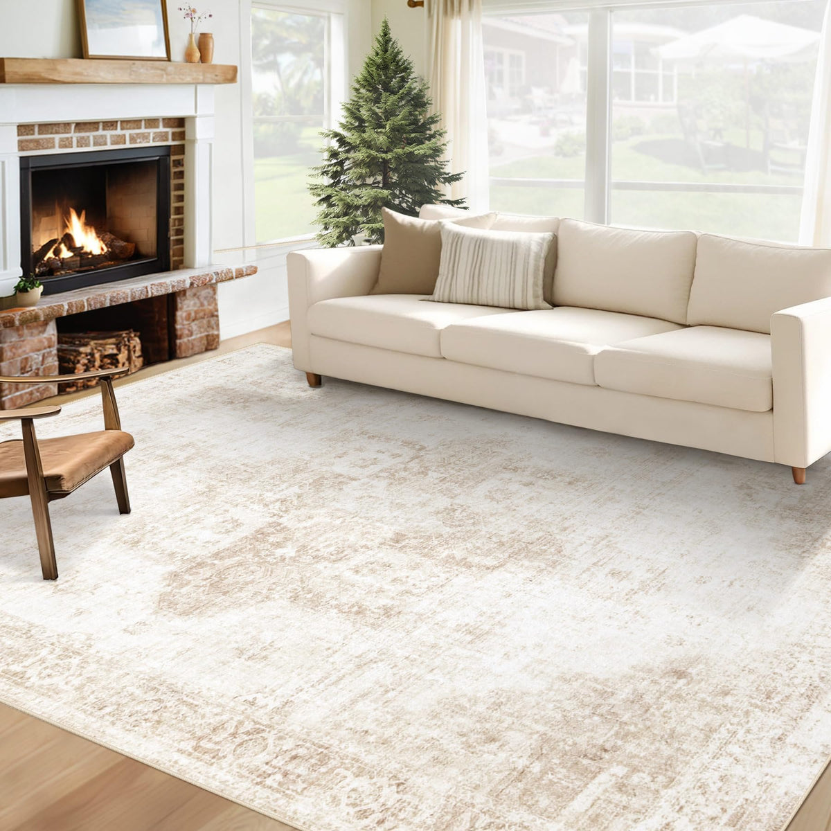 Area Rug 8x10 Washable Rug, Vintage Boho Medallion Rugs Non-Slip Soft Low Pile Large Distressed Rug Indoor Retro Carpet for Living Room Bedroom Dining Room Office Children's Room(Beige, 8'x10')