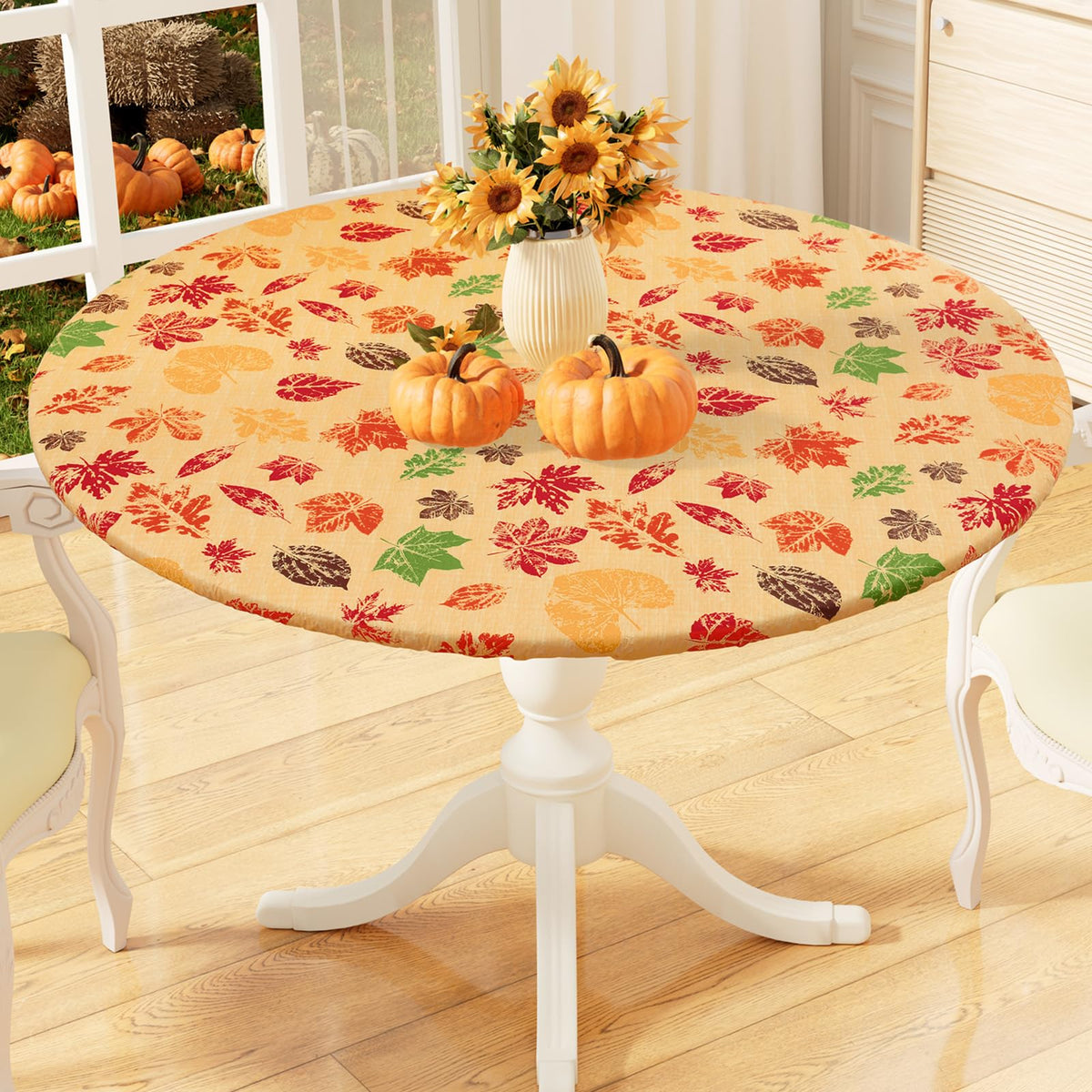 misaya Round Fitted Tablecloth with Elastic Edge, 100% Waterproof Oil Proof Plastic Table Cover, Vinyl Flannel Backed Tablecloth Fits 36"-44" Round Tables for Dinner, Outdoor, Picnic, Flowers