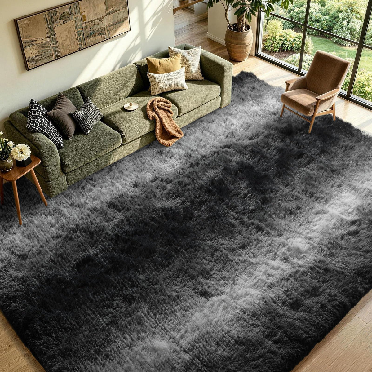 5x8 Area Rugs For Living Room Fluffy Black Rug For Bedroom (Black)