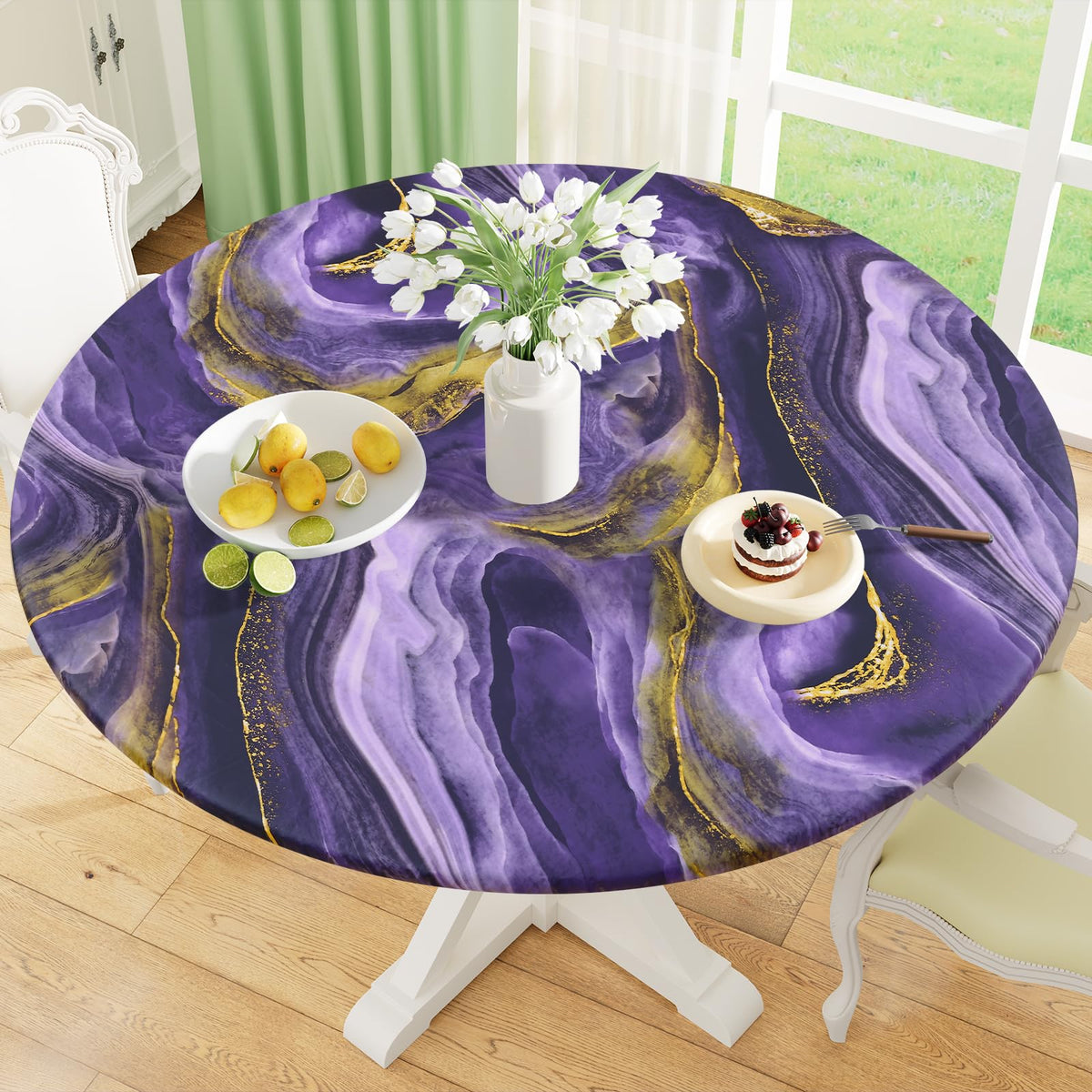 misaya Round Fitted Tablecloth with Elastic Edge, 100% Waterproof Oil Proof Plastic Table Cover, Vinyl Flannel Backed Tablecloth Fits 36"-44" Round Tables for Dinner, Outdoor, Picnic, Flowers