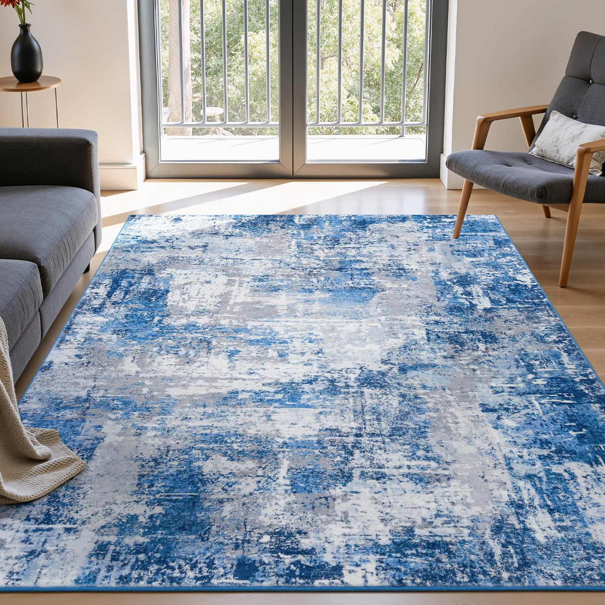 Rugflix 8x10 Area Rugs for Living Room, Washable Large Rug Stain-Resistant Low Pile, Modern Dark Carpet for Dining Room Home Office Kid Room Nursery Bedroom, Navy Blue/Black