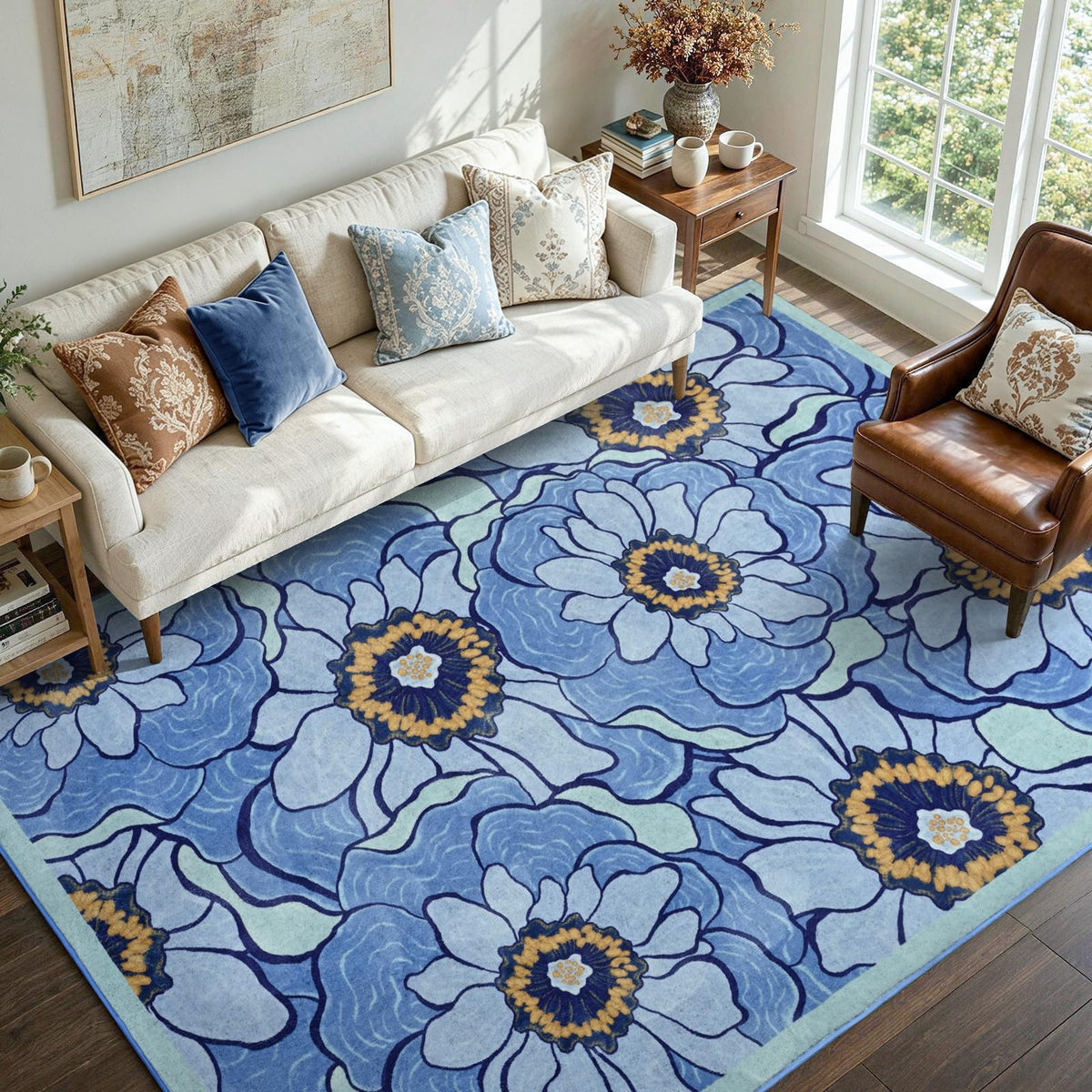 6x9 Ft Large Area Rugs for Living Room, Soft Non-Slip Washable Rugs Modern Abstract Pattern Carpet for Bedroom Indoor Floor Nursery Home Decor (Blue)