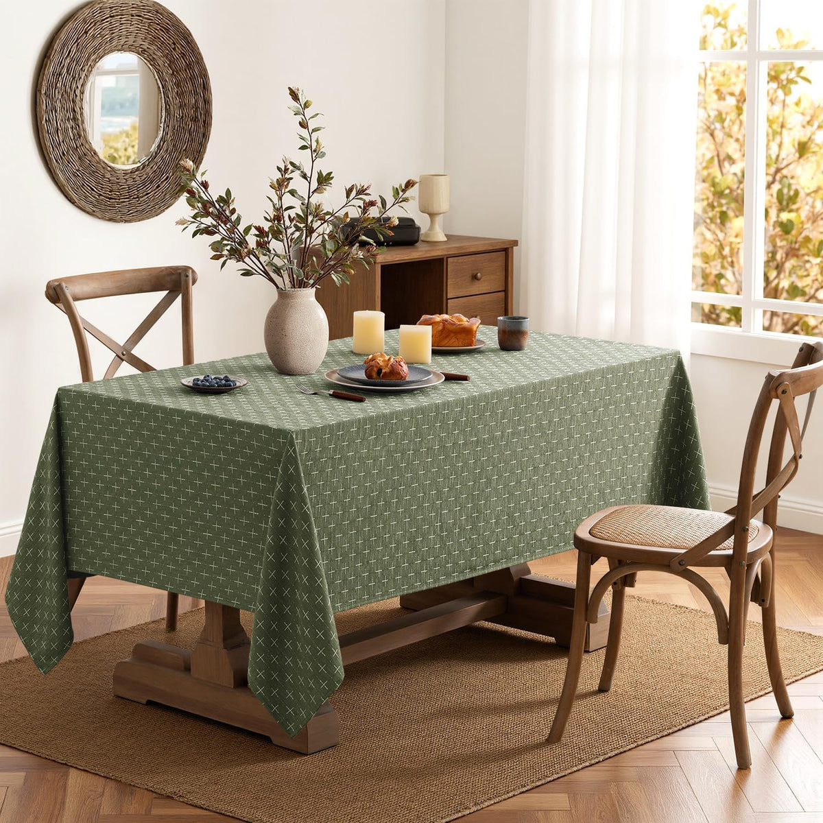 MIULEE Olive Green Rectangle Cross-Star Textured Table Cloth 60x84 Inch