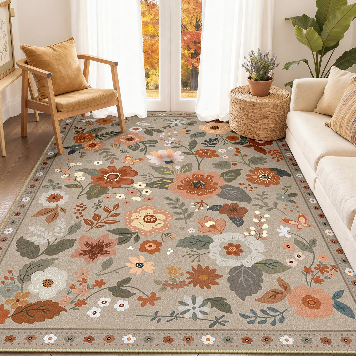 RELEANY Floral Washable 5x7 Area Rugs Black