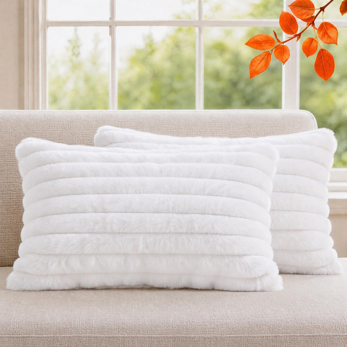 Set of 2 Decorative Throw Pillow Covers 18x18, Faux Fur Cream White