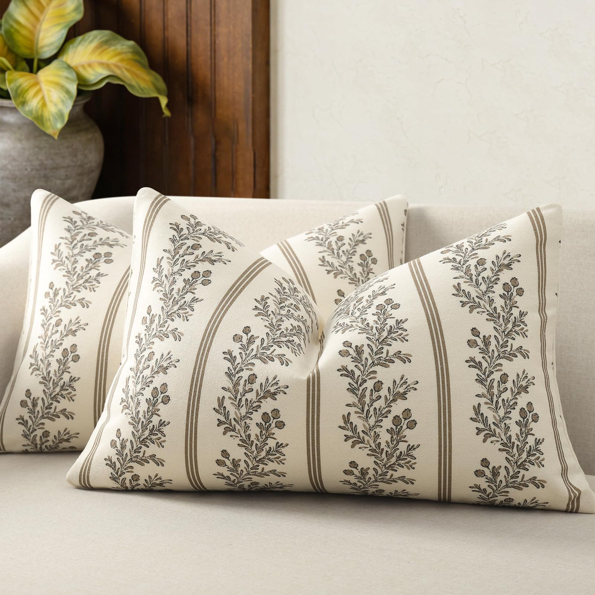 Vintage Throw Pillow Covers 18x18 Set of 2, Striped Floral Pillow Cover Botanical Patterned Decorative Cushion Covers Modern Farmhouse Home Decor for Sofa Couch Bed Living Room, Light Blue