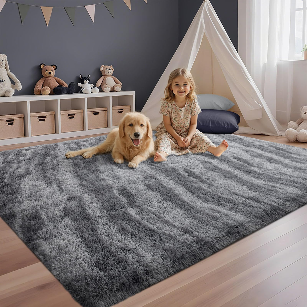 5x7 Black Area Rugs for Living Room, Large Fluffy Shag Bedroom Rugs Non-Slip, Ultra Soft Plush Carpet for Nursery Kids PlayRoom Dorm Office Indoor Modern Carpets