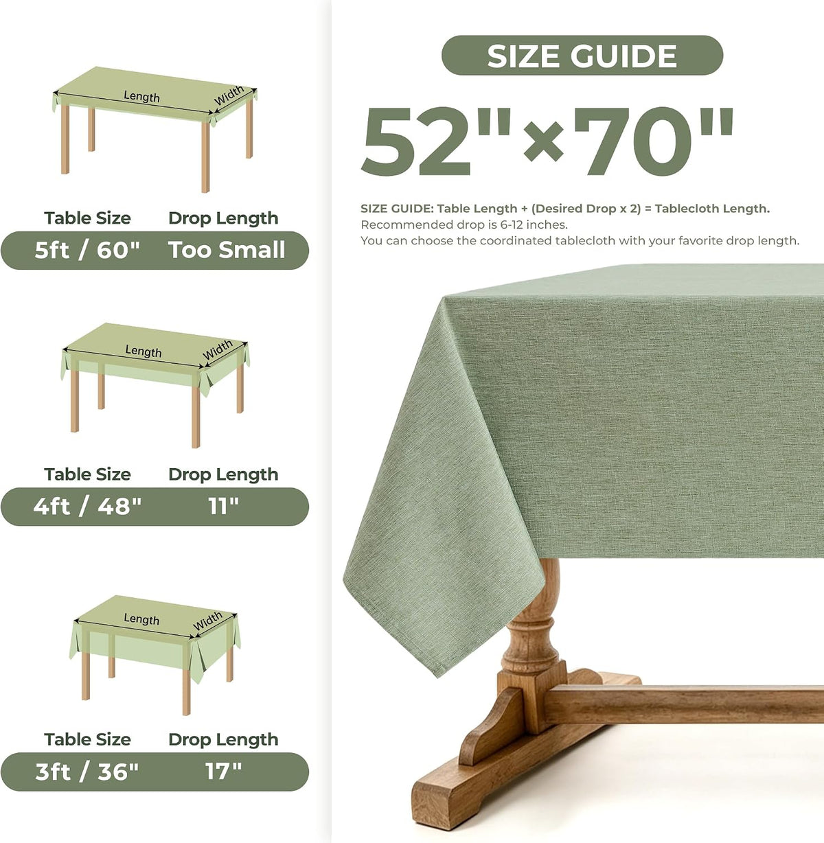 Decorelia Sage Green Linen Textured Tablecloth Rectangular 52 x70 Inch