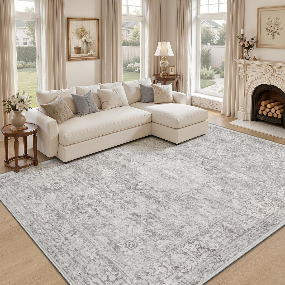 8x10 Area Rugs for Living Room: Washable Boho Vintage Floral Rug Large Soft Non-Slip Rugs Stain Resistant Low Pile Indoor Carpet for Bedroom Dining Room Nursery Home Office Beige