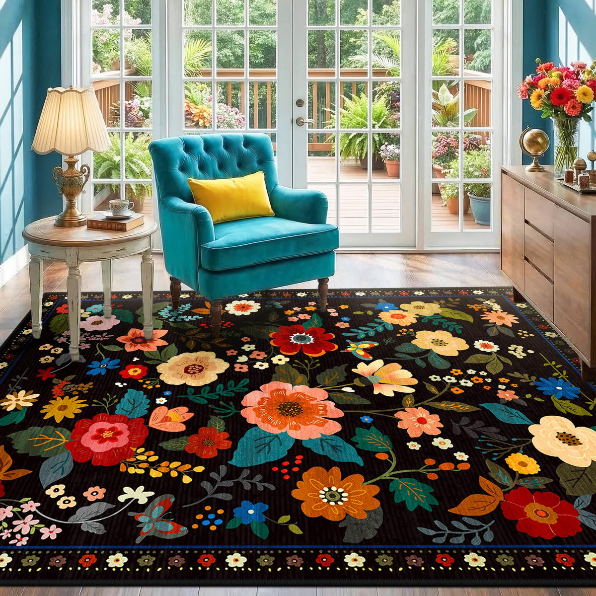 RELEANY Floral Washable 5x7 Area Rugs Black