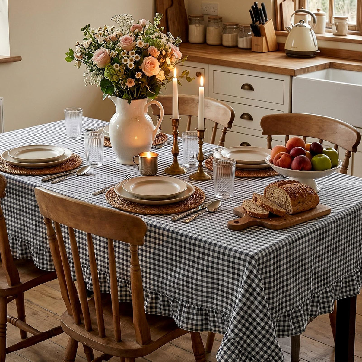 Mindsoft Brown Ruffled Gingham Tablecloth, 52 x 70 Inches, Rectangle